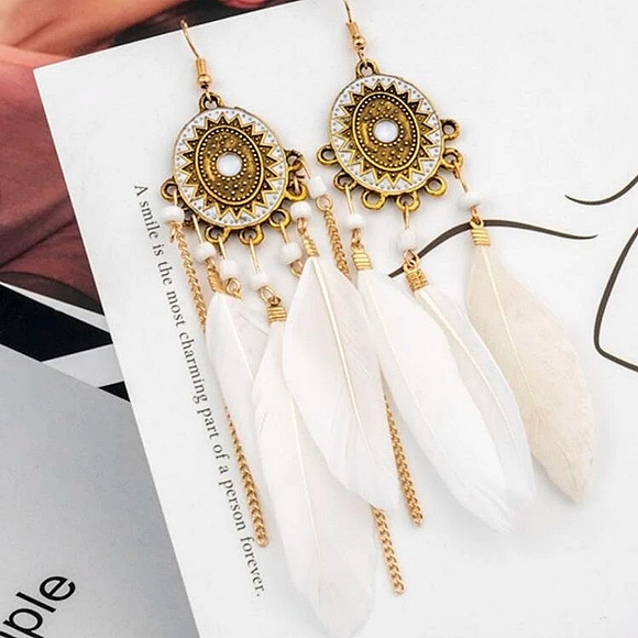 Boho Feather Tassel Drop Earrings - Picture 2 of 4